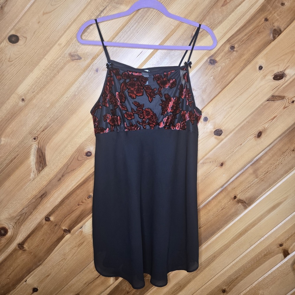 Vintage Gilligan O'Malley Black Sheer Red Velvet Floral Sz 1X Slip Dress Sexy